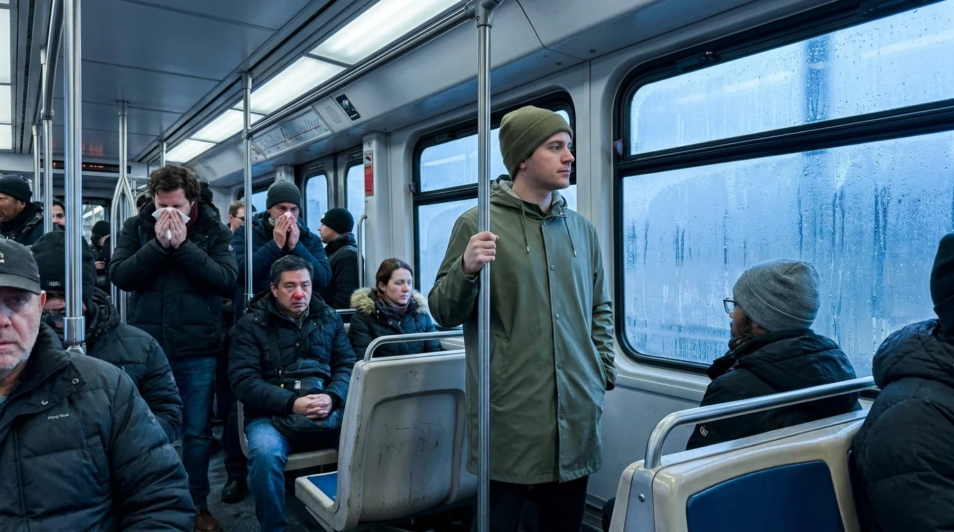 A candid photo of a healthy person standing calmly on a crowded, damp commuter train where others appear to be ill.