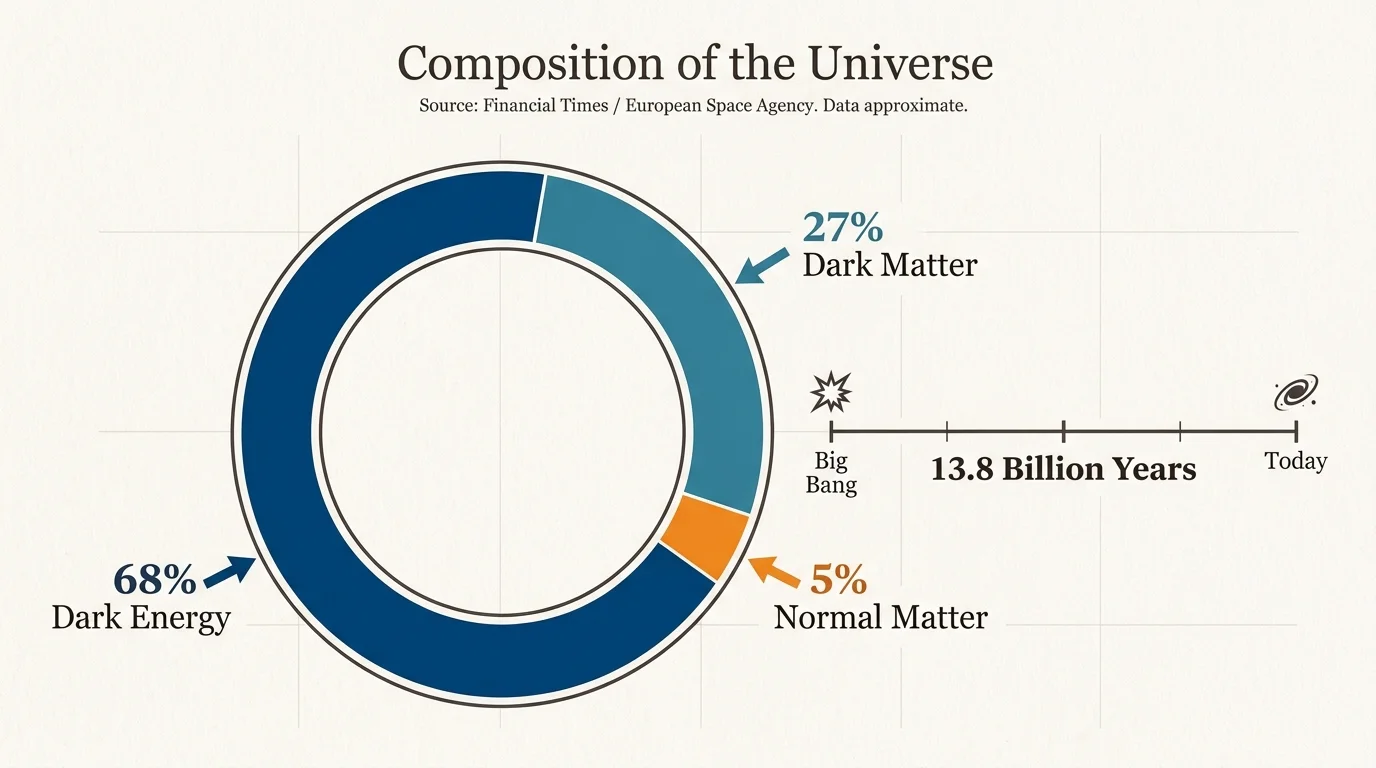 A chart showing the universe is 68% dark energy, 27% dark matter, and 5% normal matter, alongside a 13.8 billion year timeline.