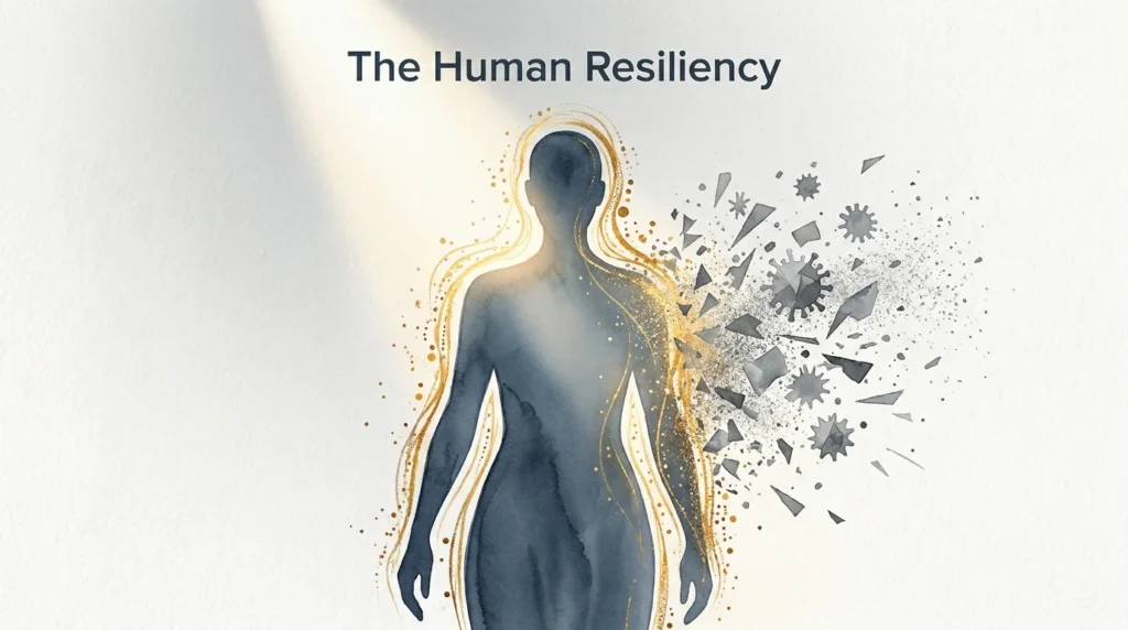 A conceptual abstract illustration of a human silhouette protected by a glowing golden energy field deflecting sharp gray shapes.