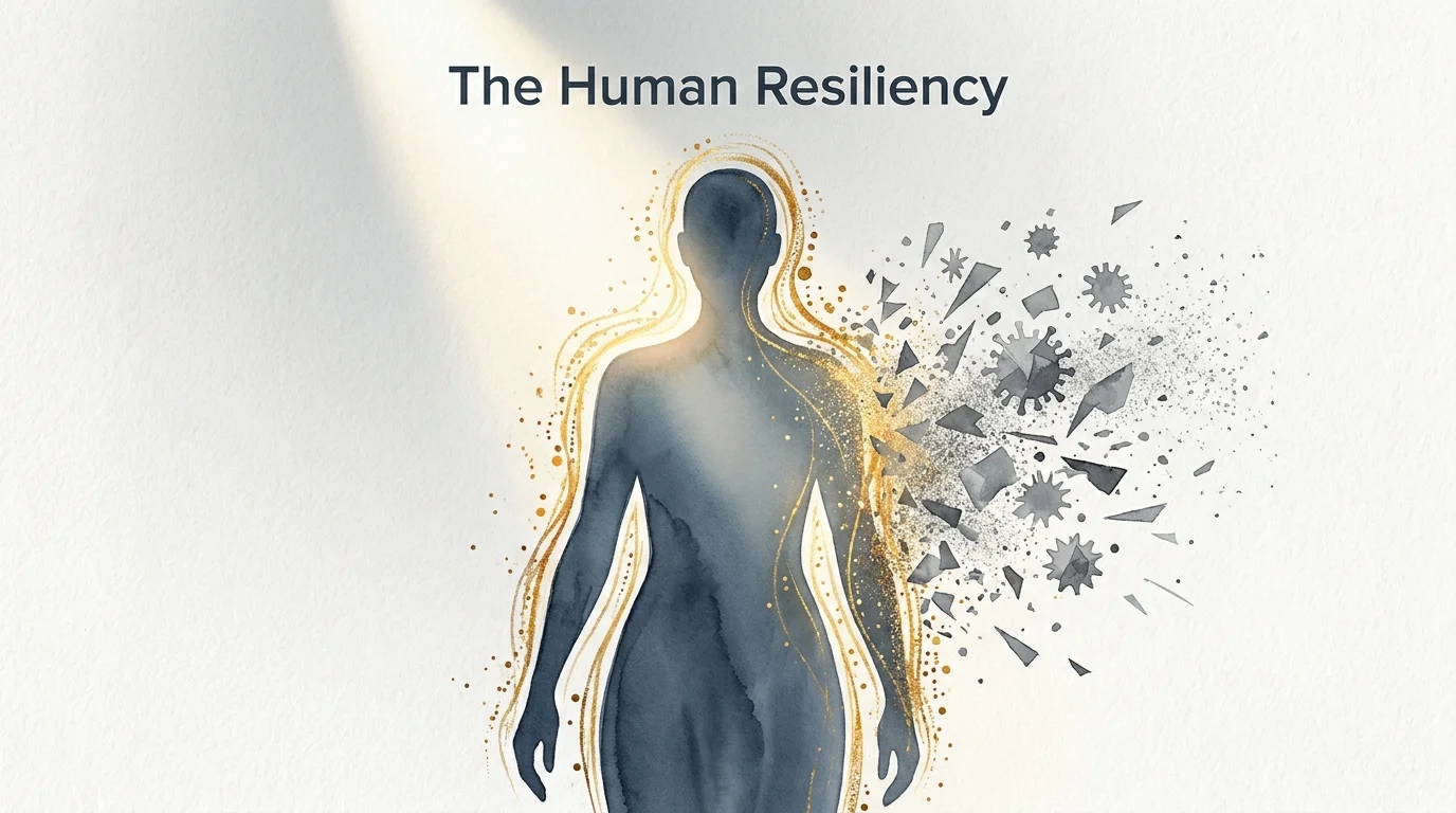 A conceptual abstract illustration of a human silhouette protected by a glowing golden energy field deflecting sharp gray shapes.