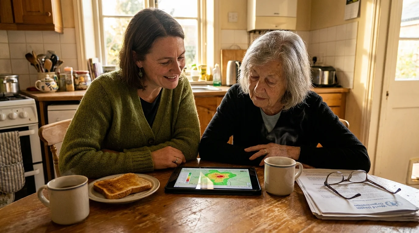 A healthcare expert sits at a kitchen table with an elderly woman, explaining air quality data on a tablet.
