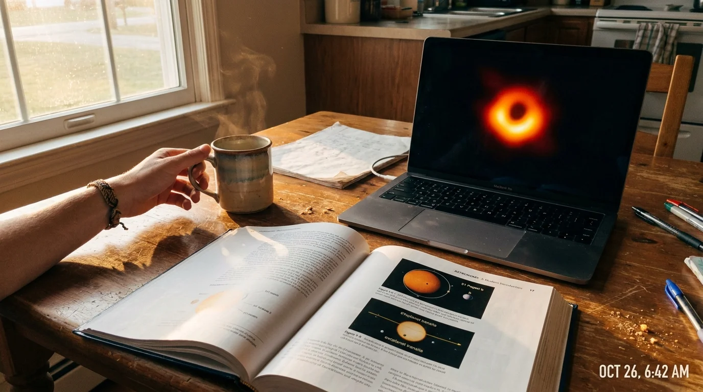 A laptop on a kitchen table showing a black hole image next to a coffee mug and astronomy textbook at dawn.