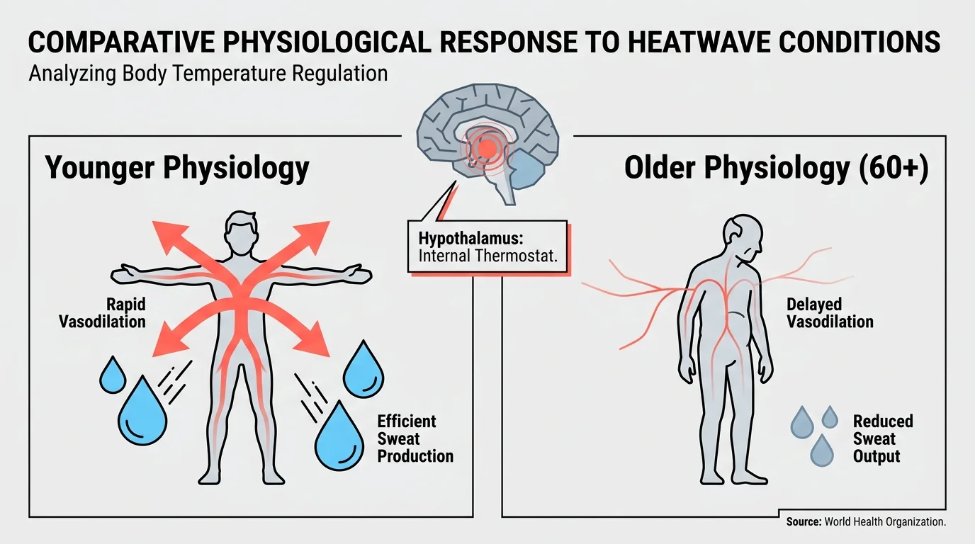 A medical diagram comparing how younger and older bodies respond to heat, highlighting vasodilation and sweat production differences.
