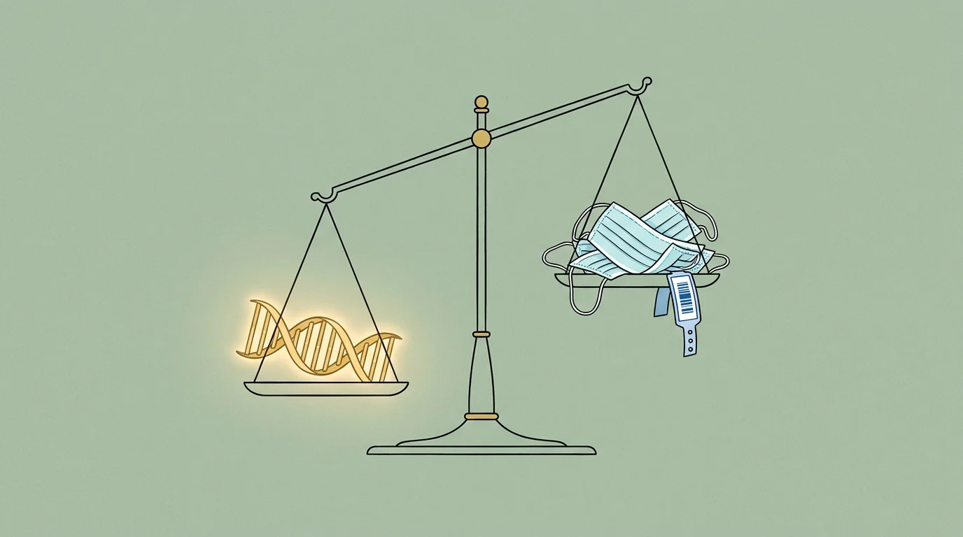 A minimalist illustration of a scale balancing a golden DNA strand against medical masks, symbolizing genetic privilege.