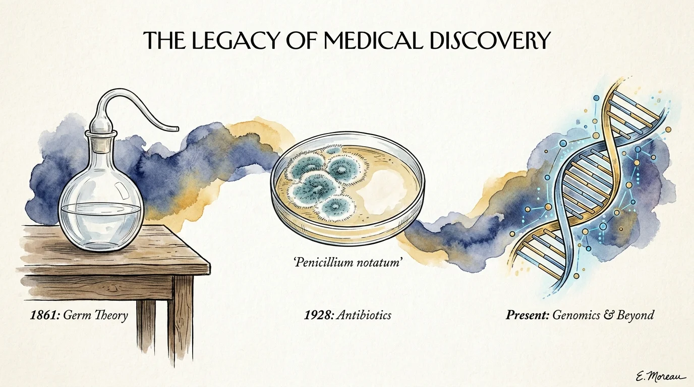 A panoramic ink and watercolor illustration showing a swan-neck flask, a penicillin petri dish, and a DNA helix on a timeline.