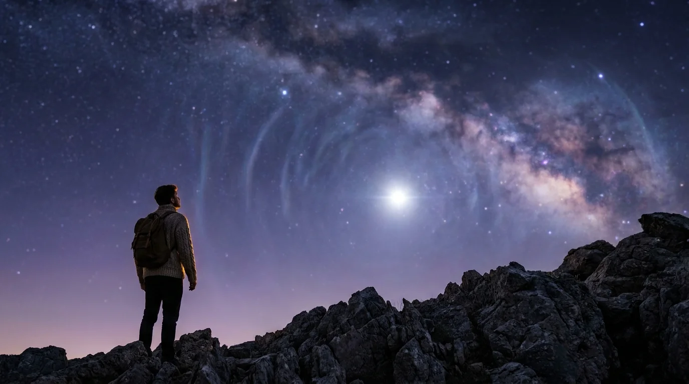A person standing on a rocky cliff looking up at a vast, star-filled night sky with a bright supernova and cosmic ripples.