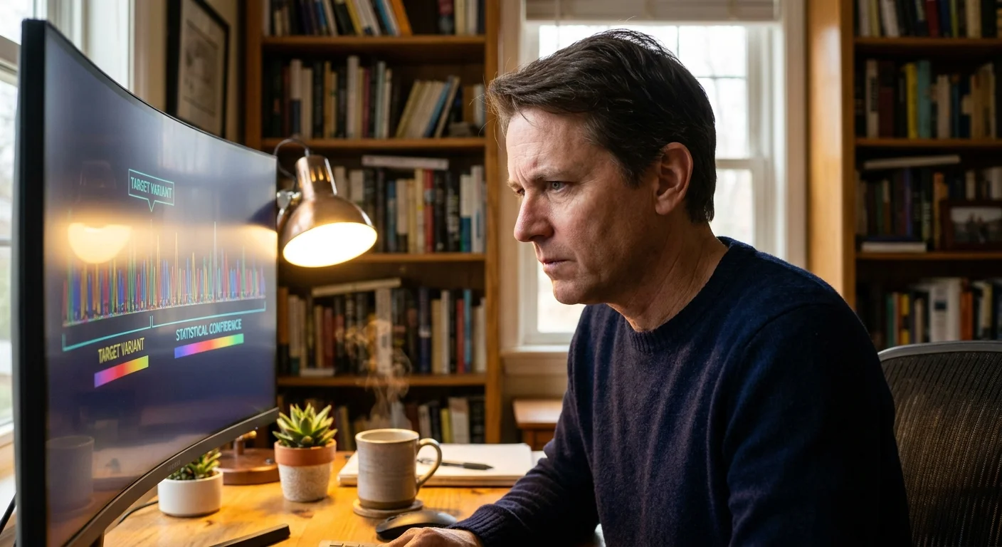 A researcher in a sweater studies a genomic sequence on a monitor in a warm, book-filled home office.