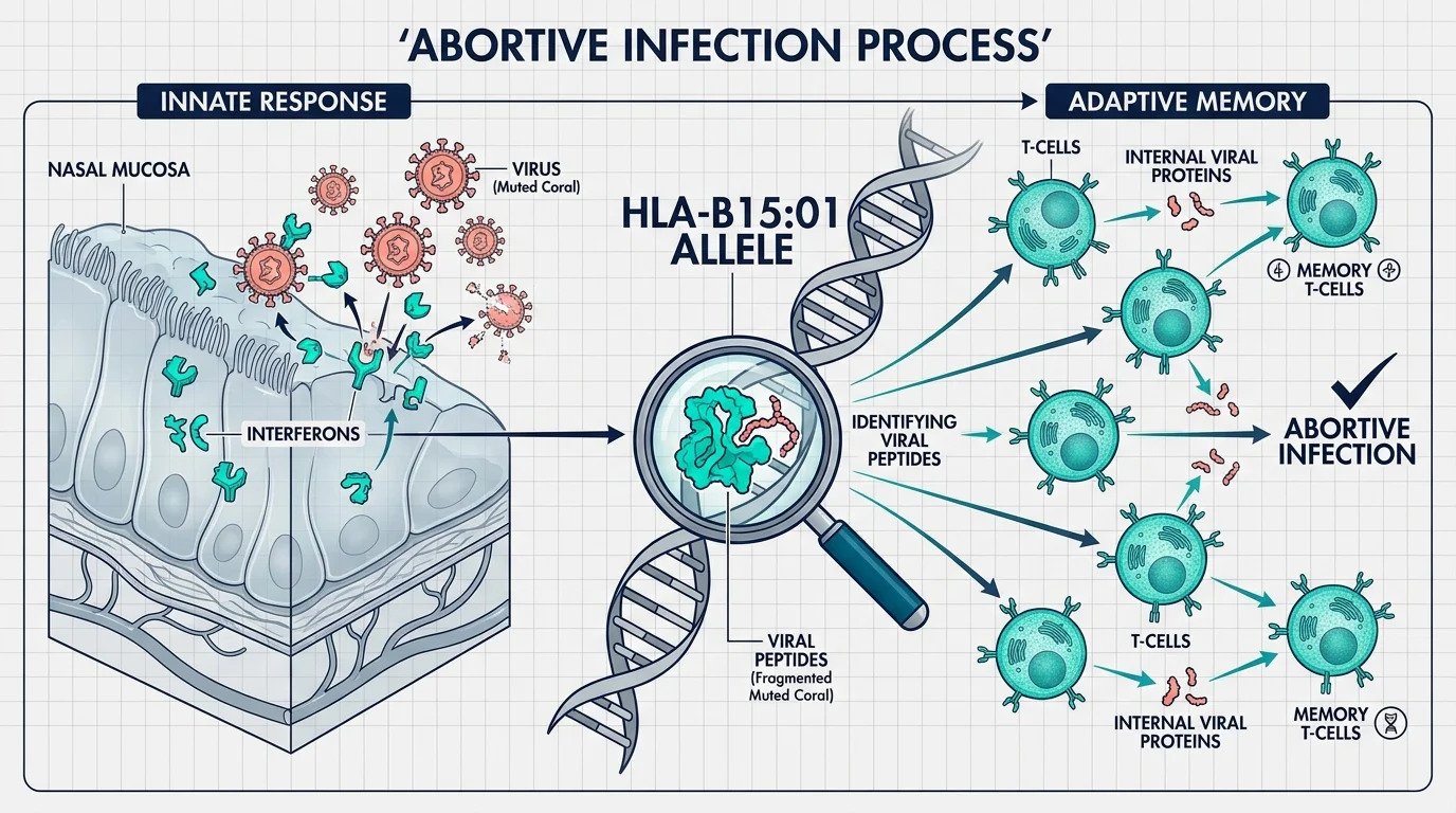 A scientific diagram showing the roles of interferons, HLA-B15:01 genes, and T-cells in stopping a viral infection early.