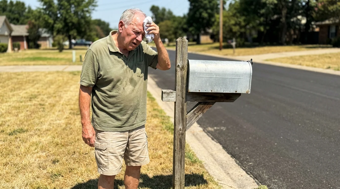 A senior man wipes sweat from his forehead while checking his mail on a hot, shimmering summer day in the suburbs.