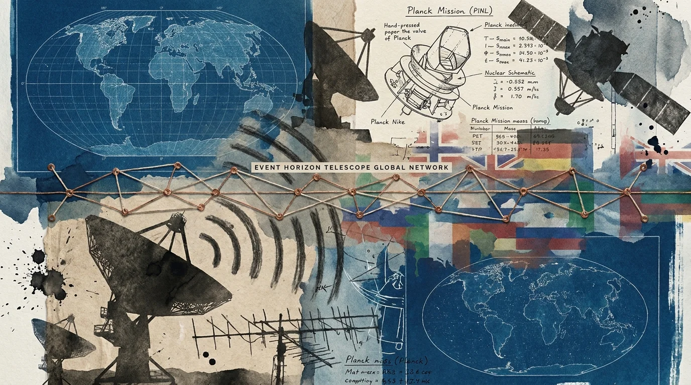 An artistic collage of telescope blueprints, global maps, and radio wave patterns representing international collaboration.