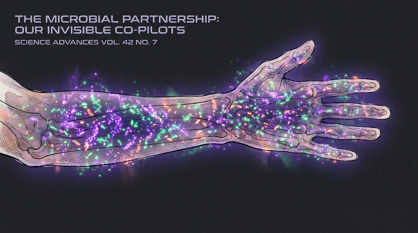 An artistic illustration of a human arm filled with glowing, colorful microscopic life, representing the body's microbiome.