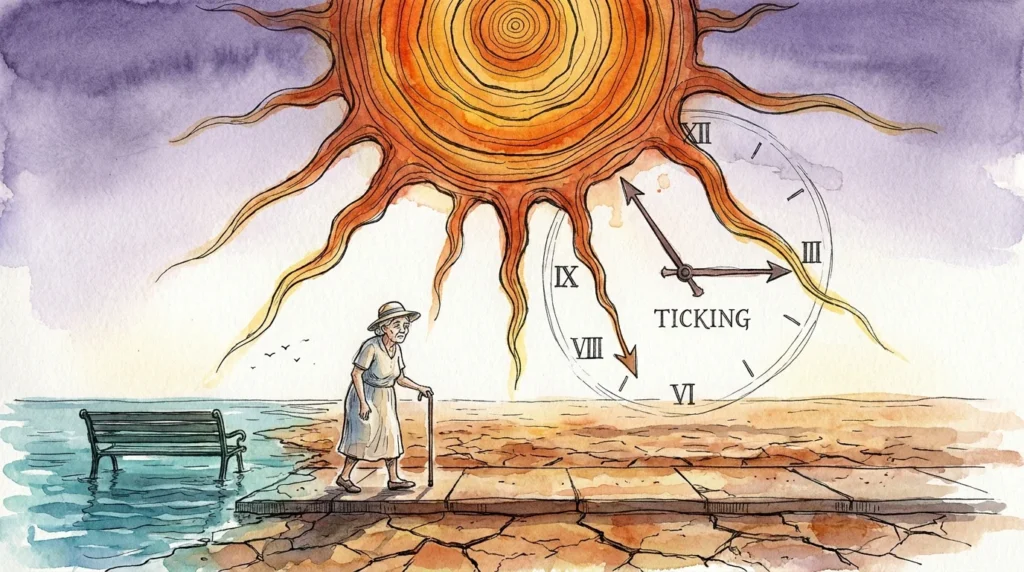 An editorial illustration of an elderly person walking on cracked earth beneath a sun that looks like a clock, symbolizing climate aging.