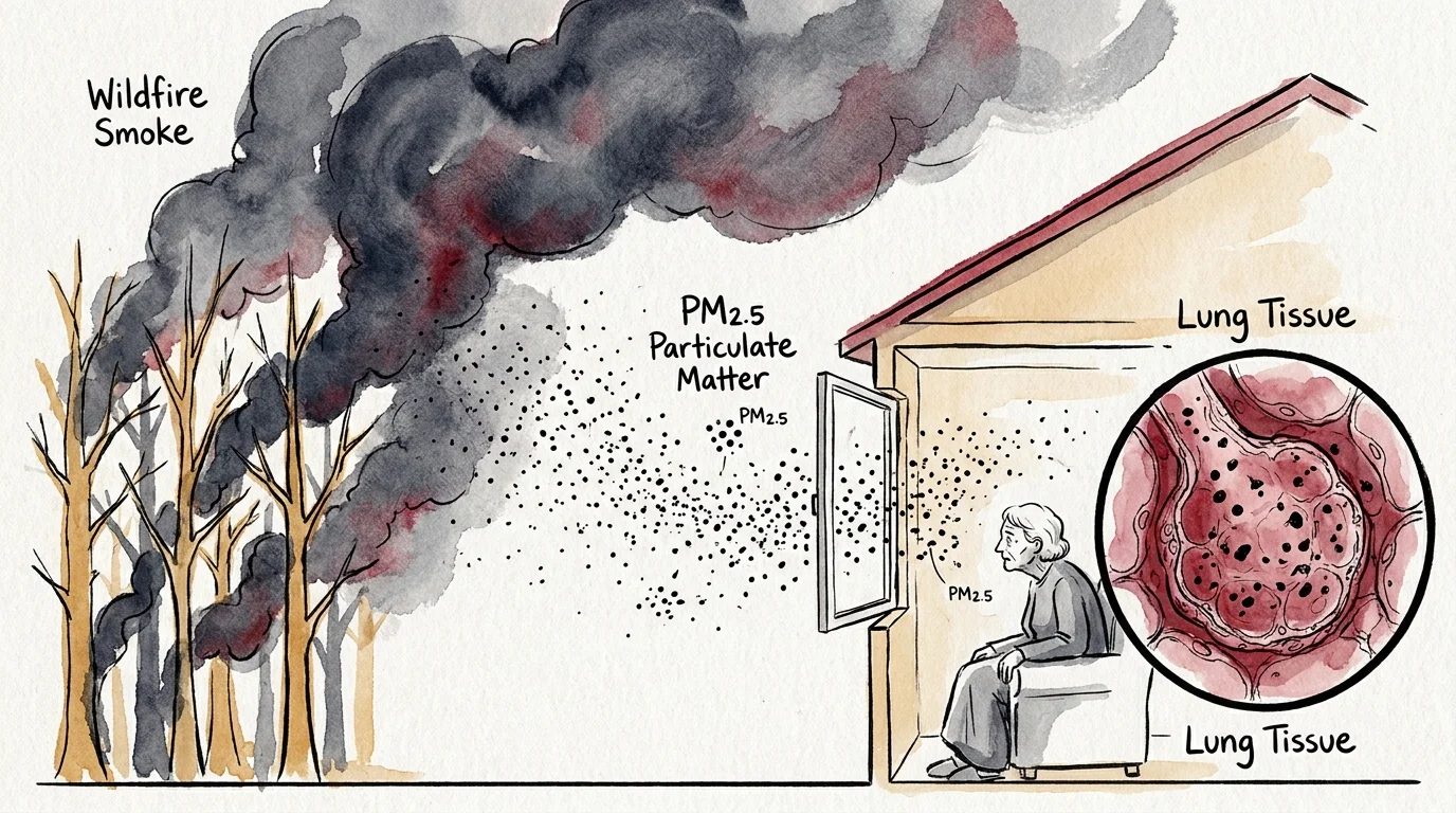 An illustration showing wildfire smoke turning into PM2.5 particles that enter a home and affect an older person's lung tissue.