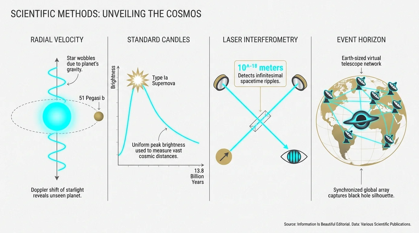 An infographic showing four scientific methods: radial velocity, supernova candles, laser interferometry, and radio telescope networks.