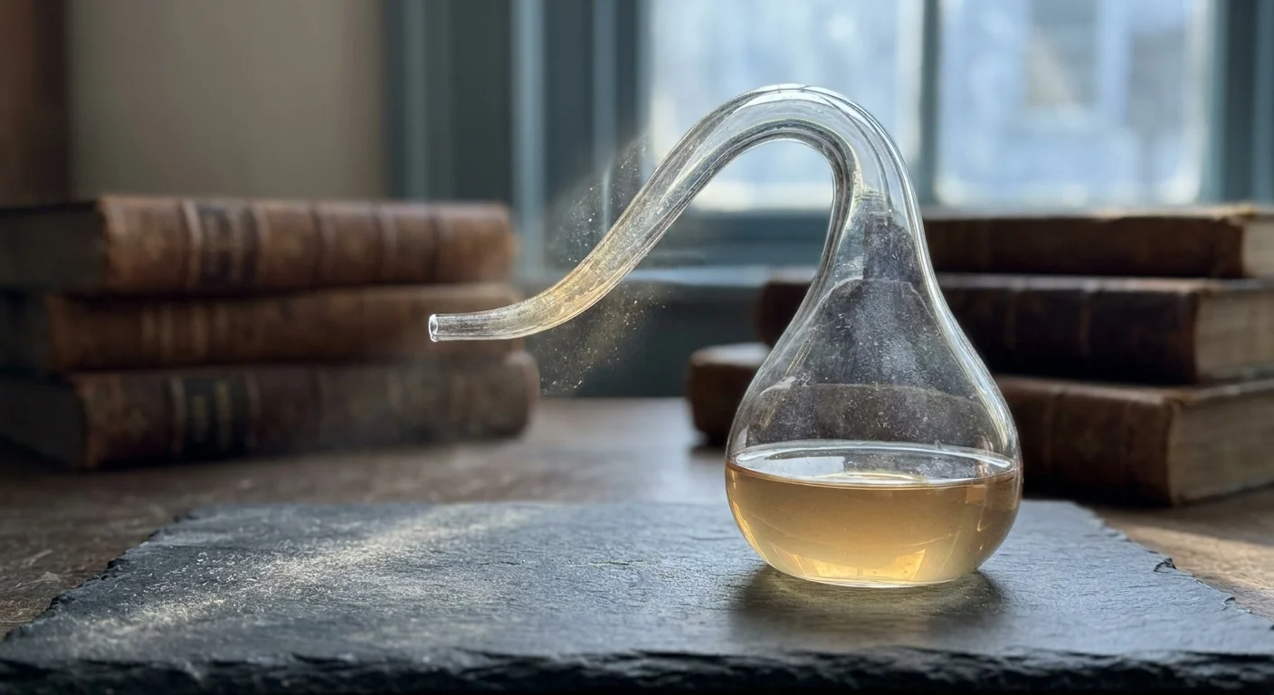 Close-up of a glass swan-neck flask containing broth on a dark slate laboratory bench in morning light.