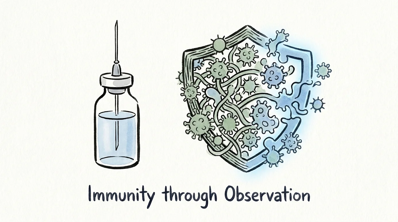 Ink and watercolor illustration of a vaccine vial transforming viral shapes into a protective wall.