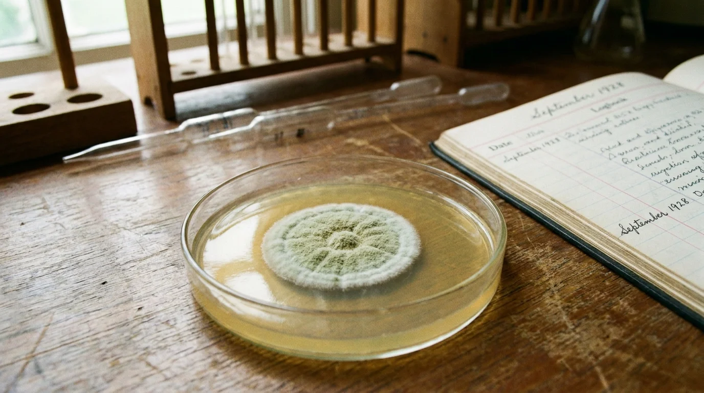 A 1920s style photo of a petri dish showing mold killing bacteria, capturing the moment Fleming discovered penicillin.