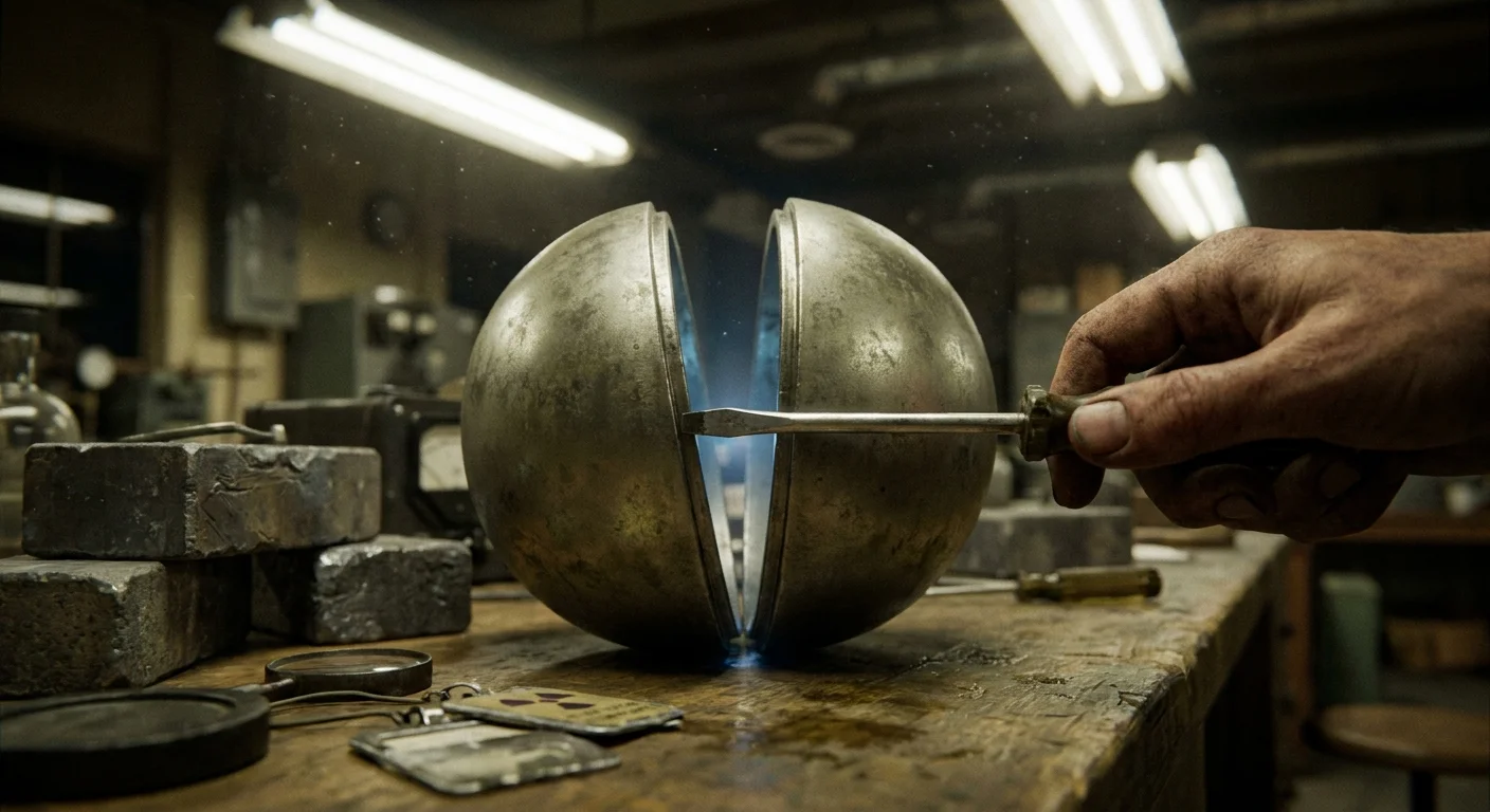 A 1940s lab setting showing a hand using a screwdriver to prop open a metallic sphere on a wooden table.