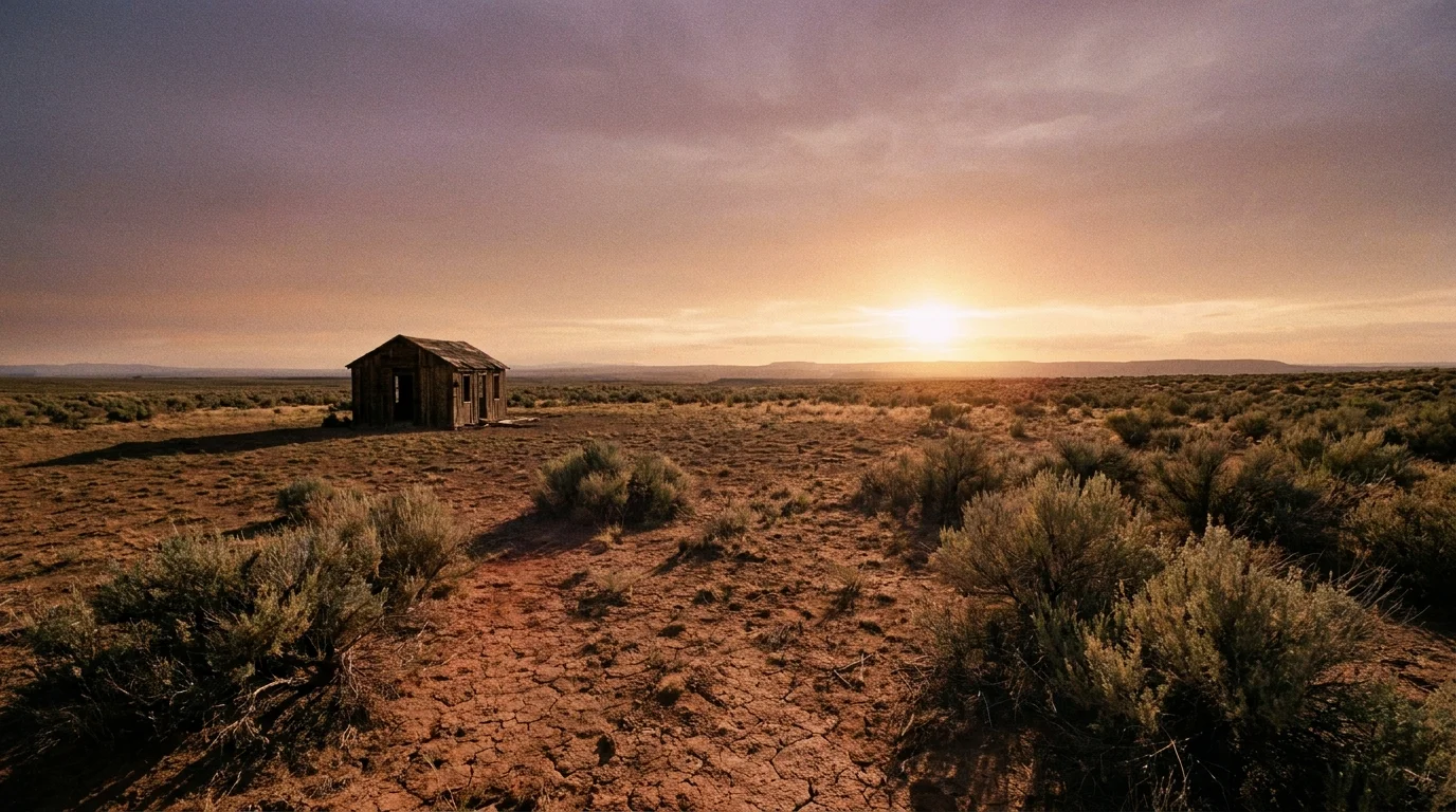 A 35mm film photograph of a lonely wooden cabin in the vast, red-rock desert landscape of the Four Corners region.