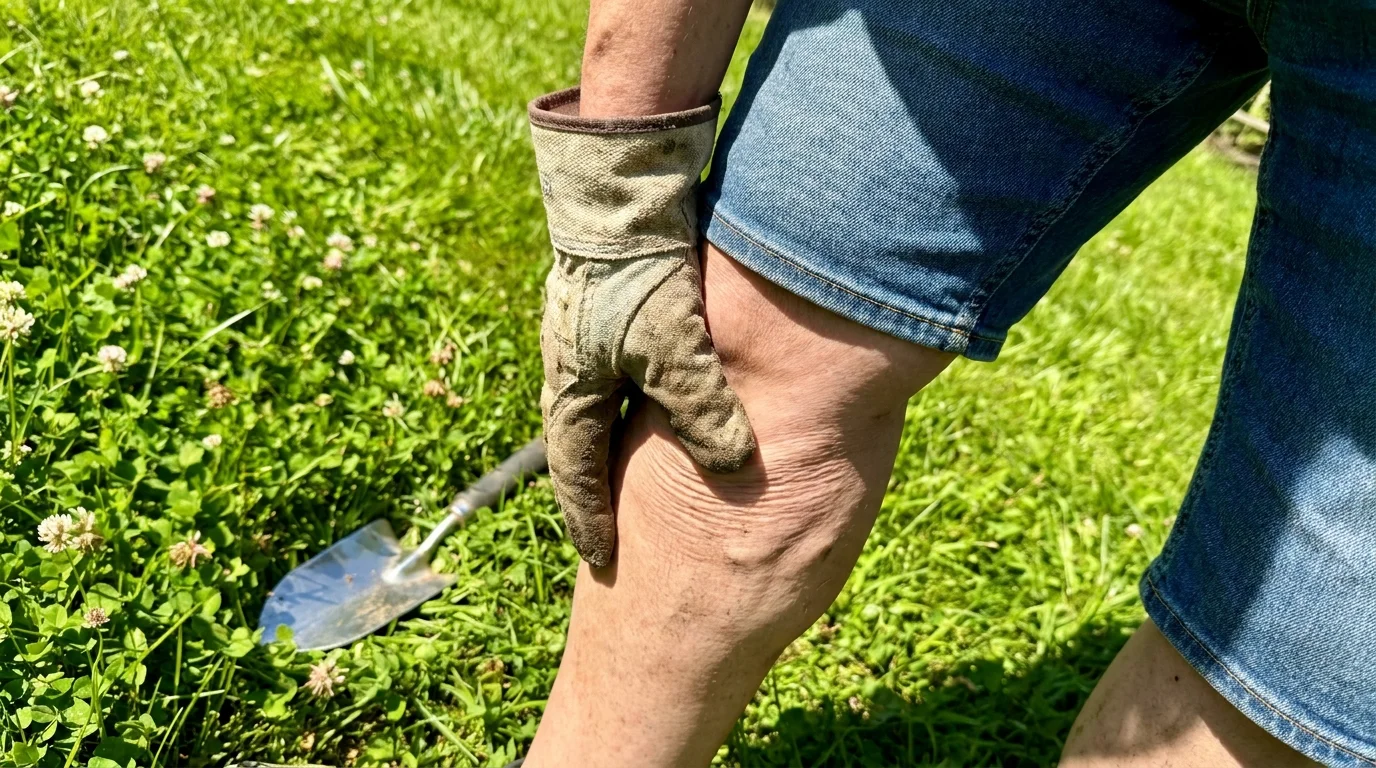 A candid iPhone-style photo of a person in a garden clutching their leg during a sudden muscle cramp.