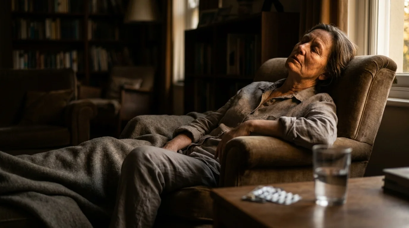 A cinematic photo of an exhausted person resting in an armchair, with heart medications on a side table in the foreground.