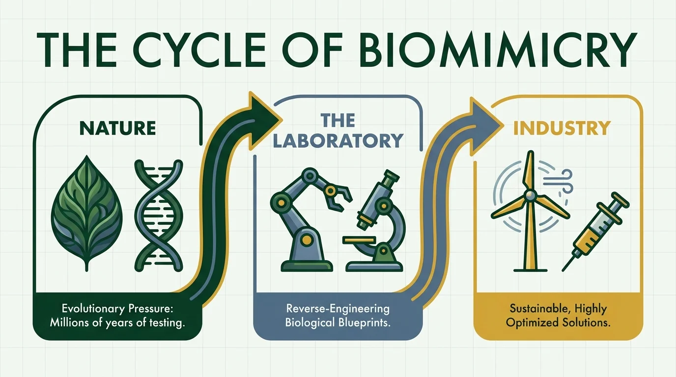 A clean flow diagram showing the process of learning from nature to create industrial solutions.