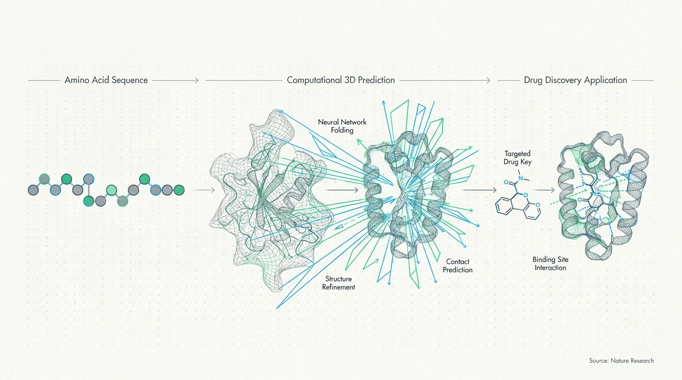 A clean infographic showing a protein sequence transforming into a 3D structure and meeting a drug molecule.