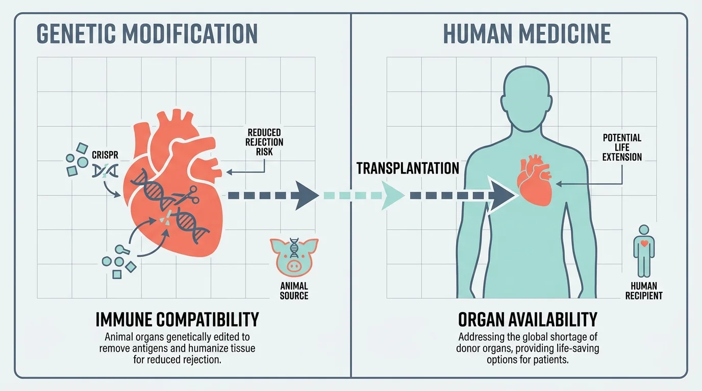 A clean medical diagram showing the process of modifying an organ for human transplantation.