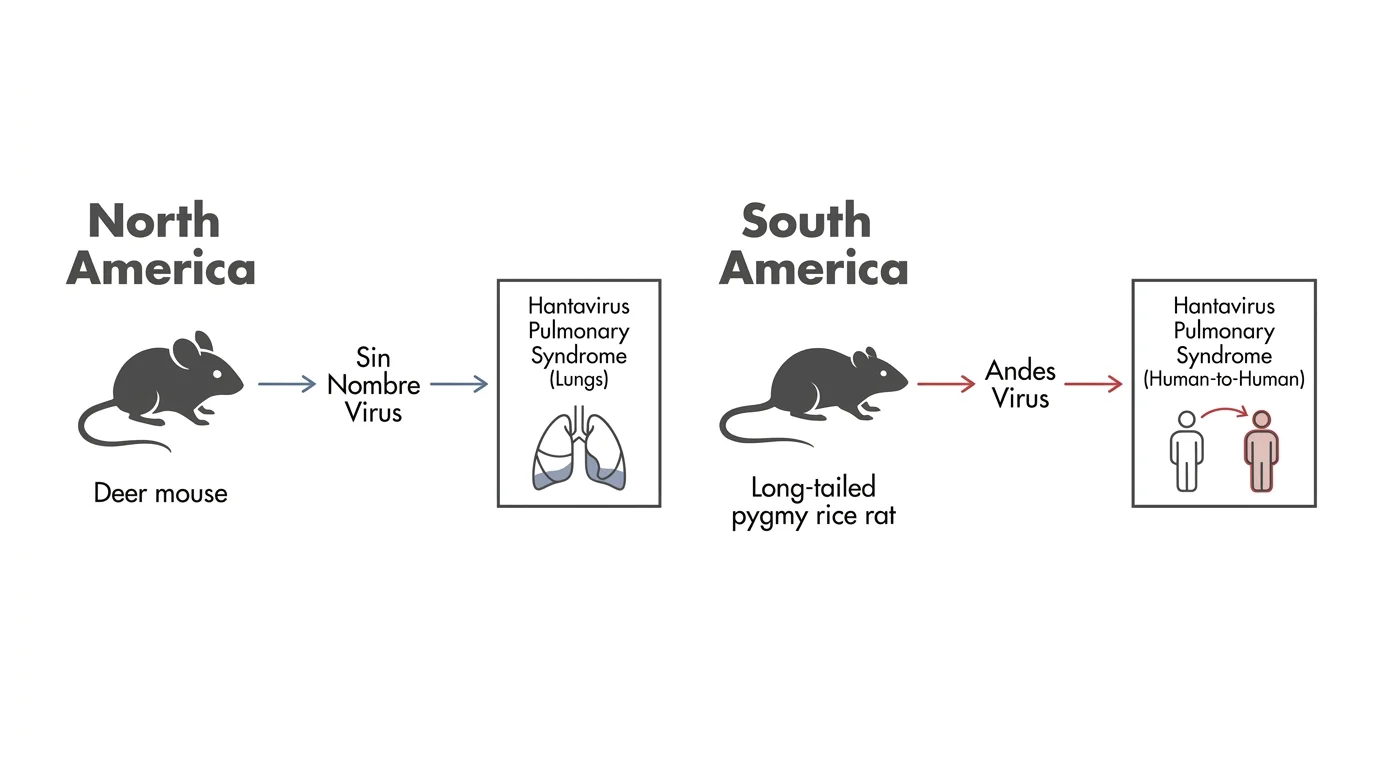 A clean scientific diagram comparing North American Sin Nombre virus and South American Andes virus transmission types.