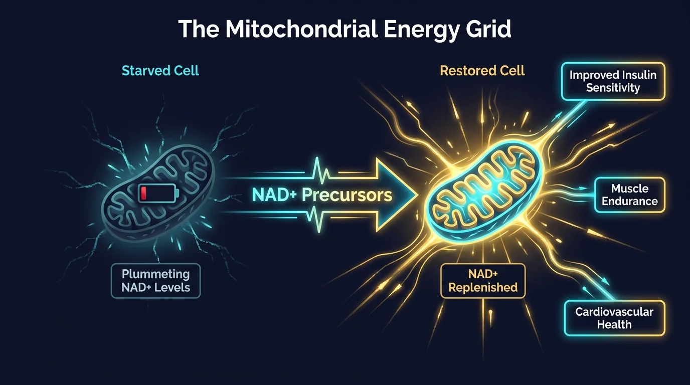 A clean scientific diagram showing how NAD+ boosters restore energy to mitochondria, transitioning from a starved to a powered state.