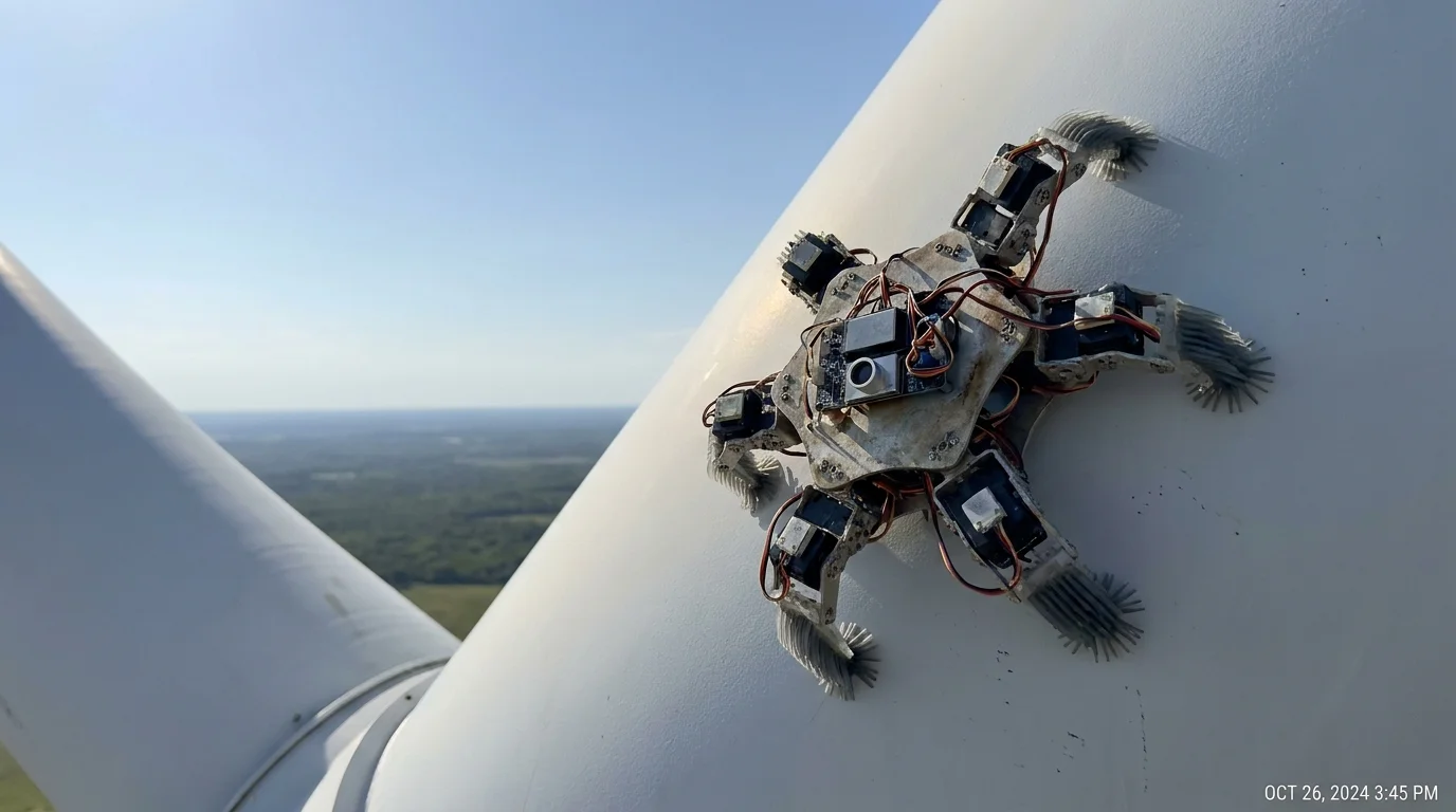 A climbing robot using gecko-inspired feet to inspect a tall wind turbine under a clear sky.