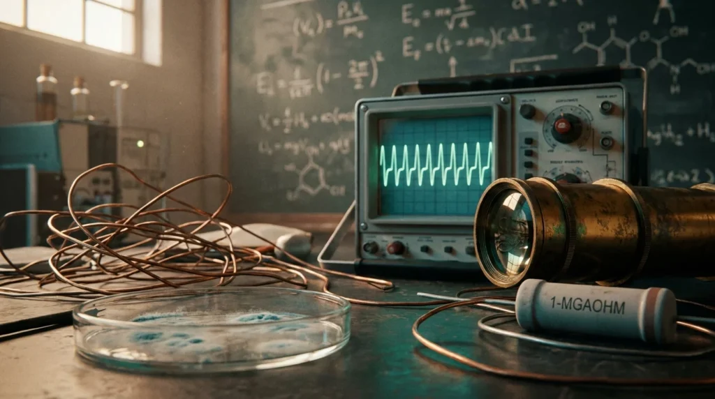 A close-up of a vintage lab bench with a petri dish, copper wires, and an oscilloscope reflecting a rhythmic pulse.