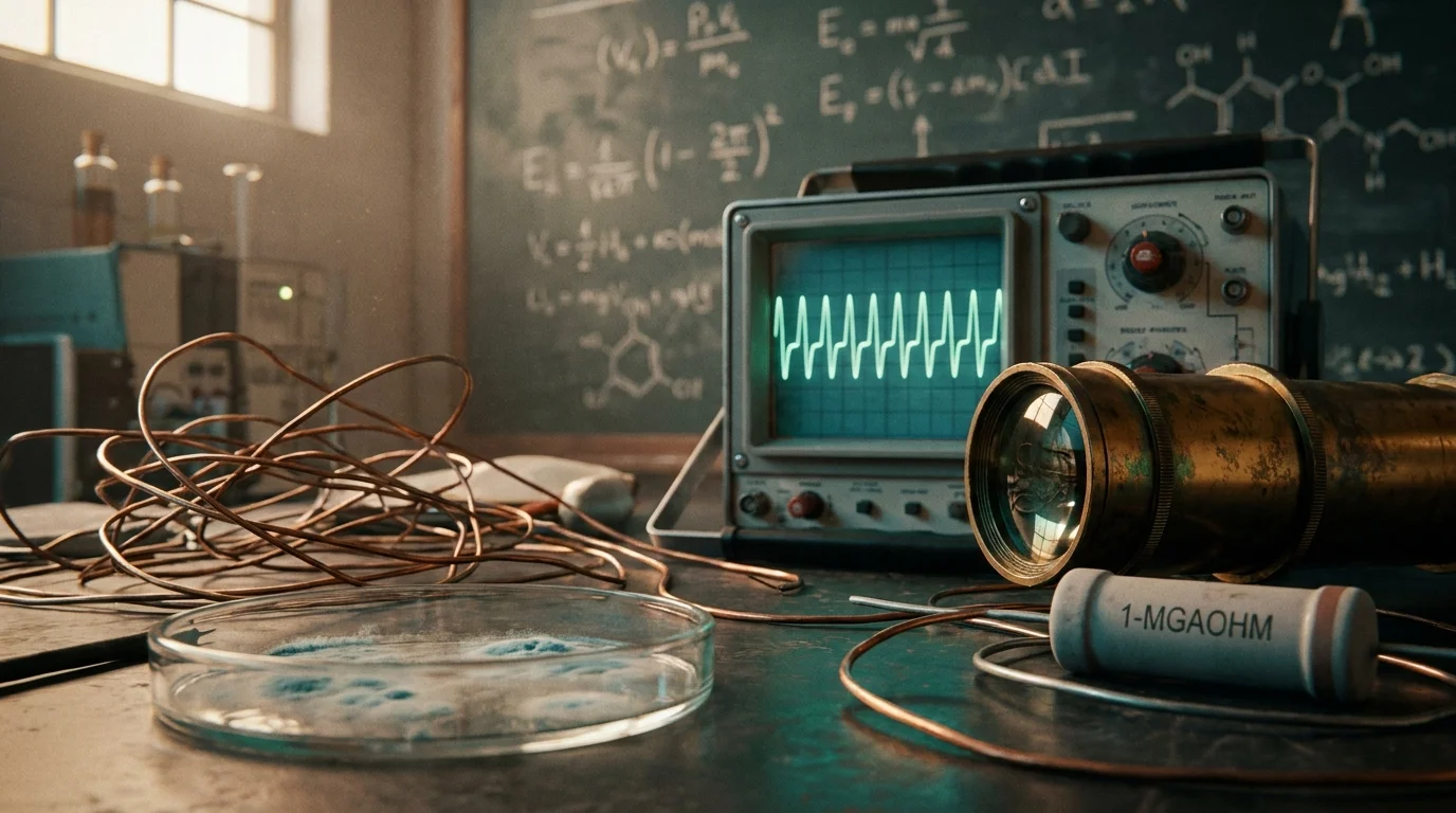 A close-up of a vintage lab bench with a petri dish, copper wires, and an oscilloscope reflecting a rhythmic pulse.