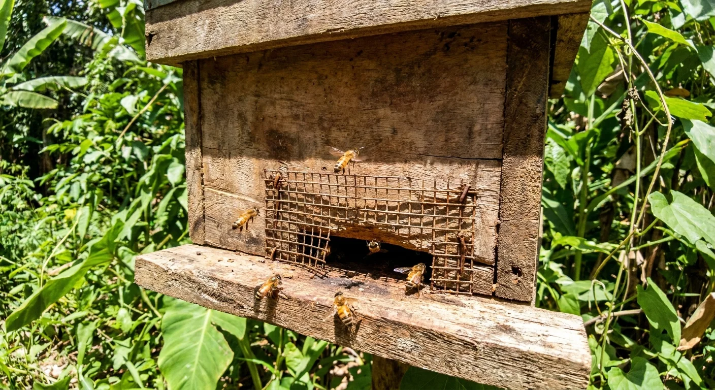 A close-up of a wooden beehive with a metal screen pulled back, showing a gap where bees are escaping.