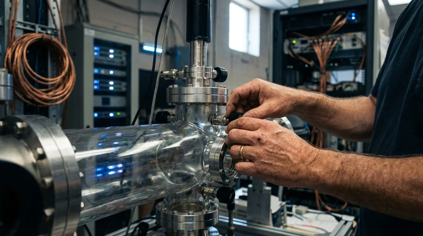 A close-up photo of a scientist's hands working with complex glass laboratory equipment and wires in a physics lab.
