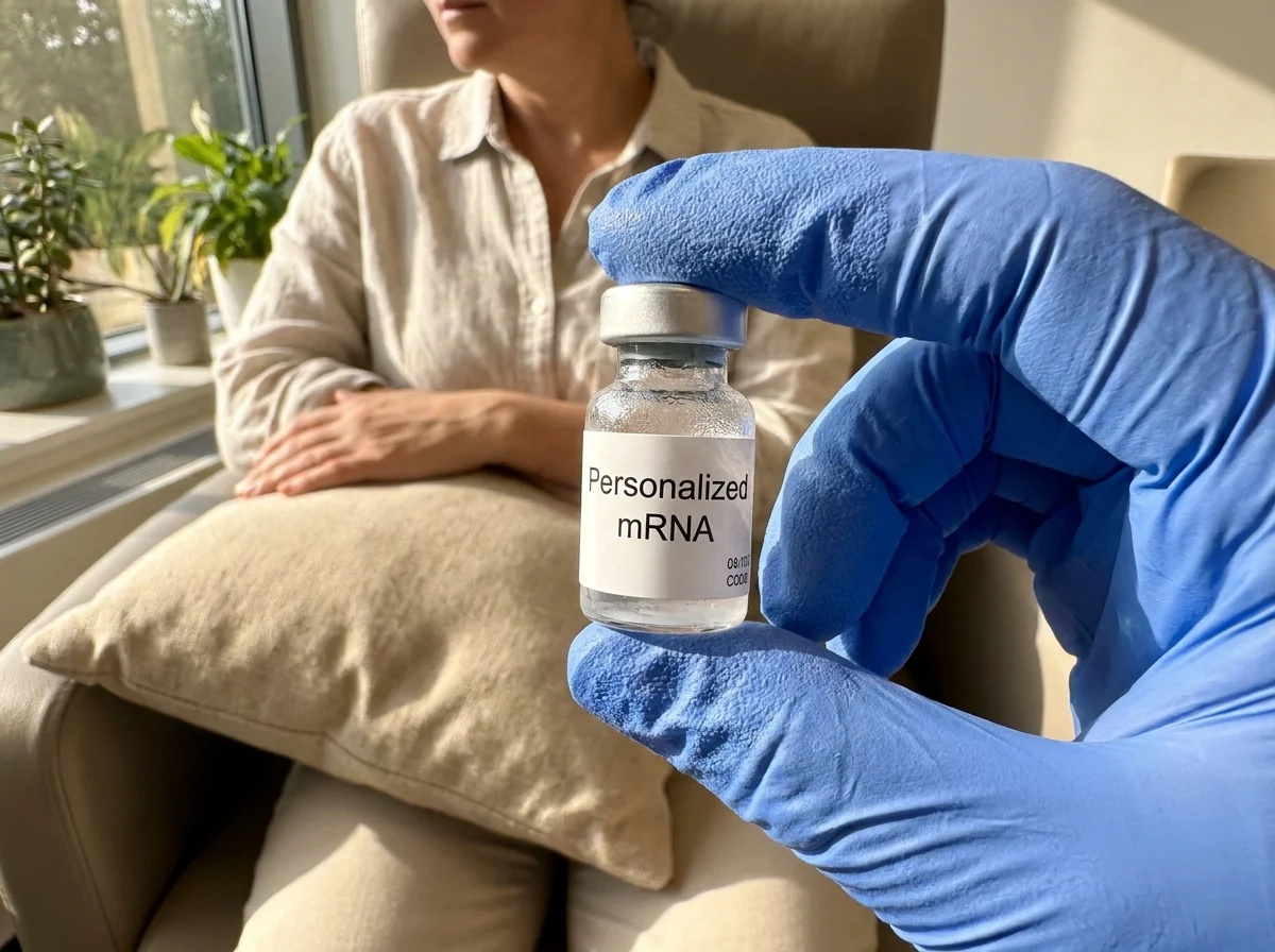 A close-up photo of a vial labeled 'Personalized mRNA' in a sunlit medical clinic.
