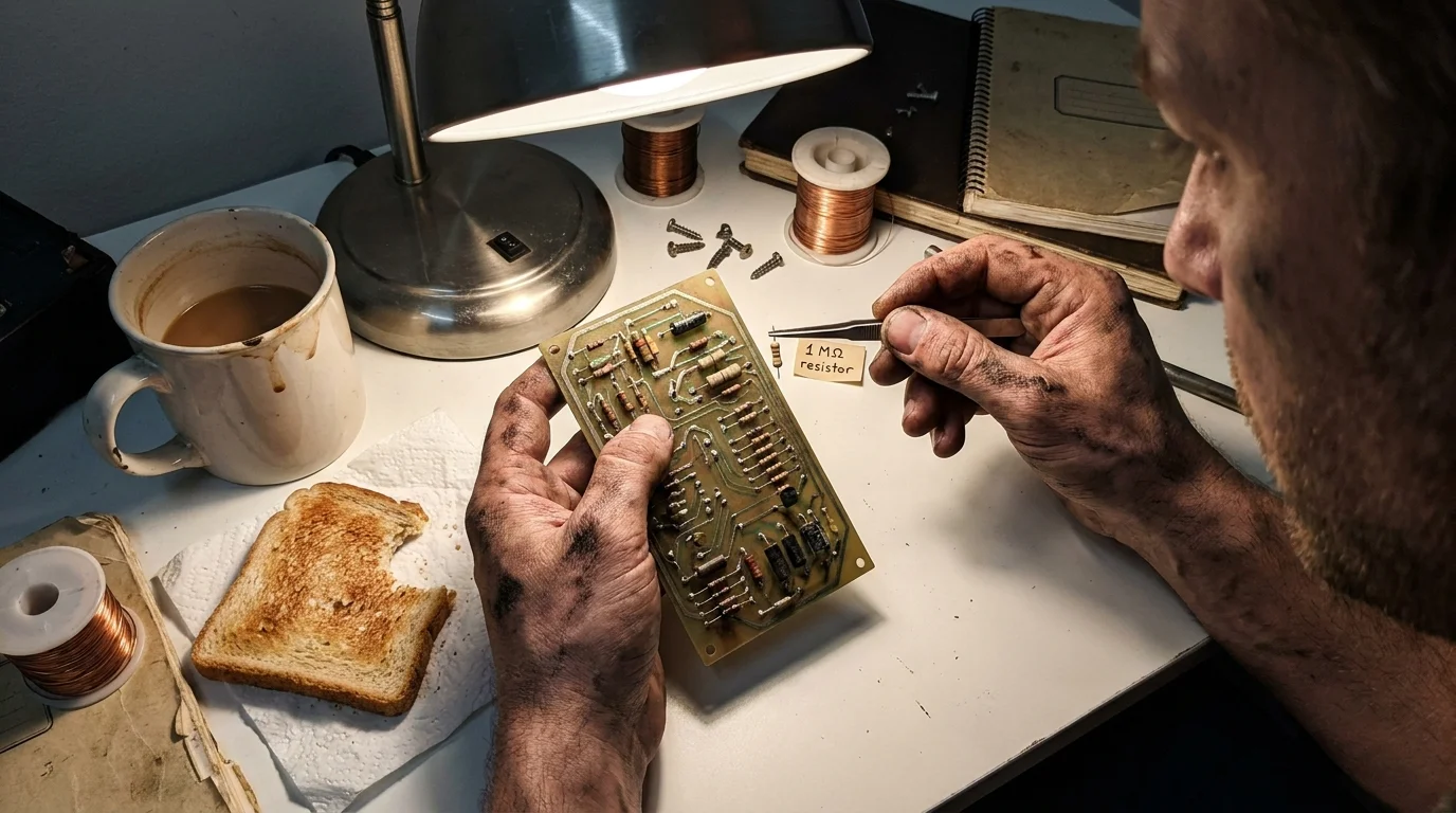 A close-up photo of hands holding an early circuit board and a resistor at a kitchen table.