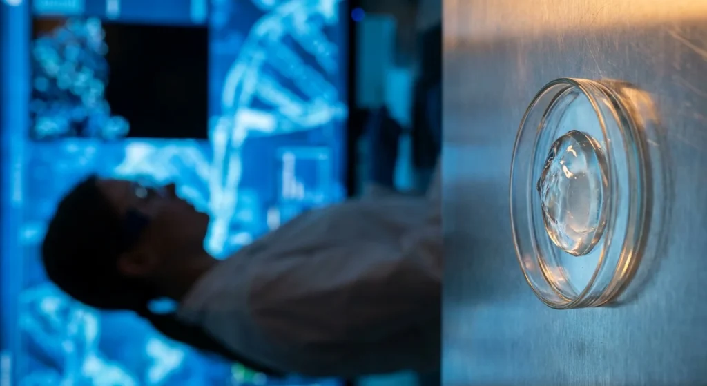 A close-up photograph of a lab petri dish on a metal surface with a scientist working in a blue-tinted background.