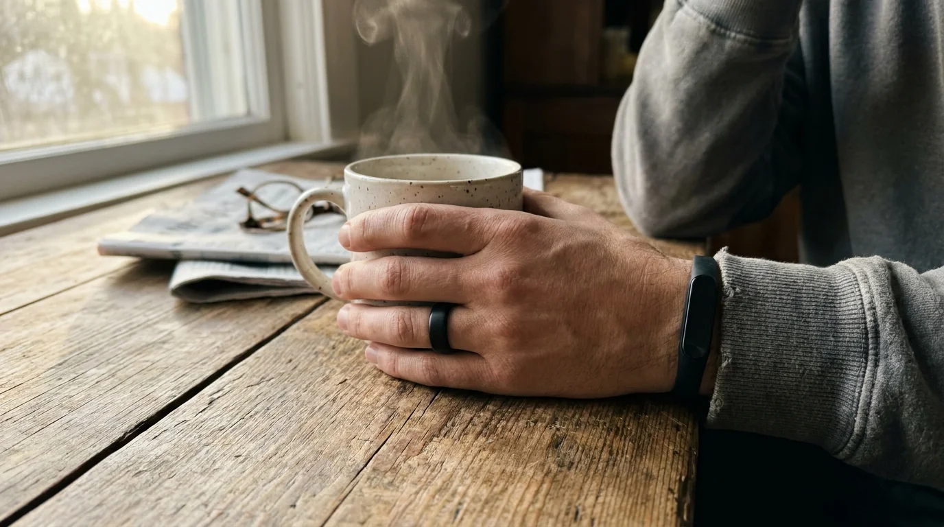 A close-up photograph of a person at a kitchen table wearing a subtle smart ring and wristband while holding a coffee mug.