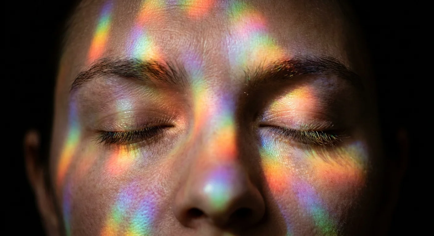 A close-up photograph of a person's face with prismatic, rainbow light reflecting across their skin.