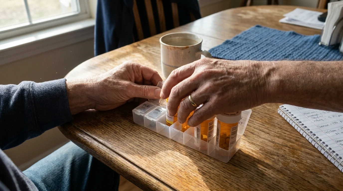 A close-up, top-down photo of hands sorting many prescription bottles into a weekly pill organizer on a wooden kitchen table.