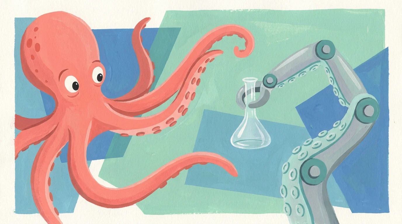 A colorful gouache illustration comparing an octopus tentacle to a flexible, soft-robotic gripper arm.