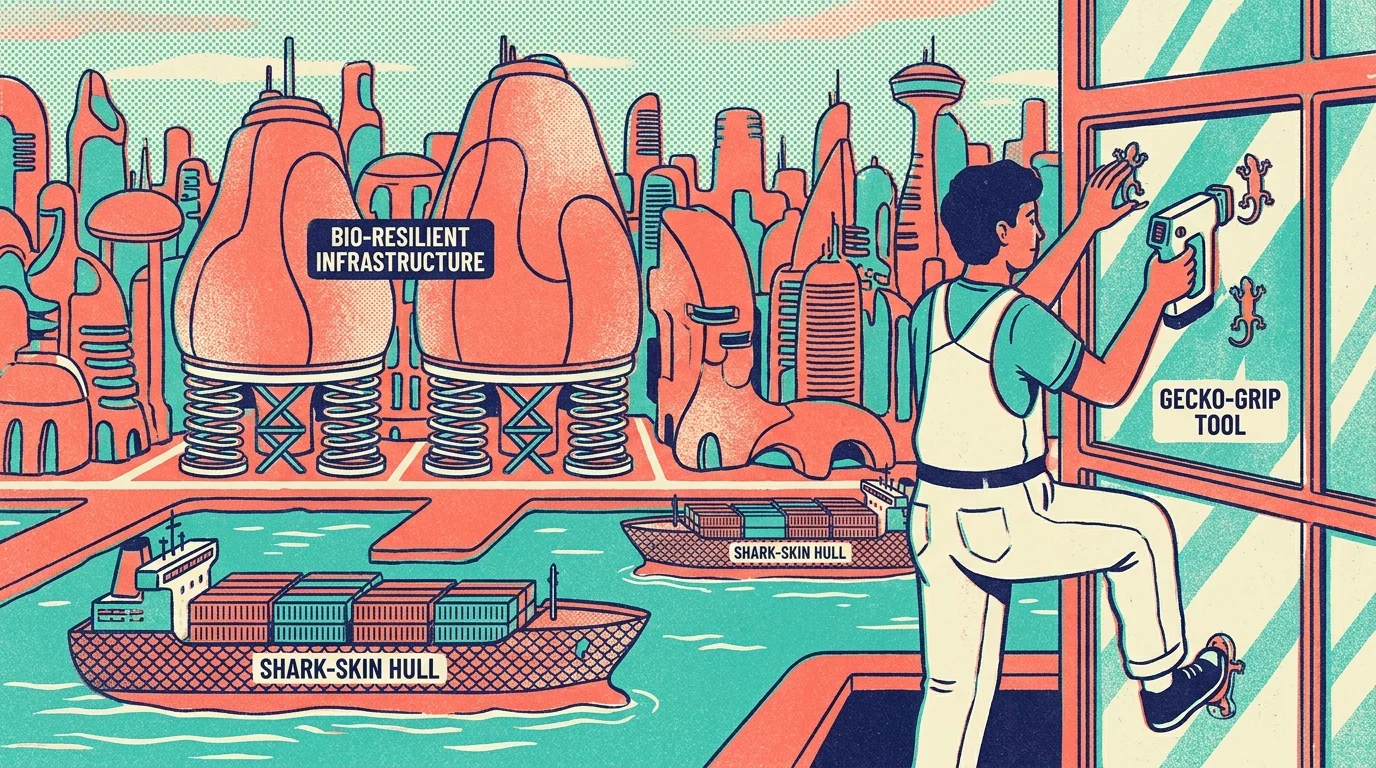 A colorful screenprint illustration of a city showing different bio-inspired technologies in everyday use.