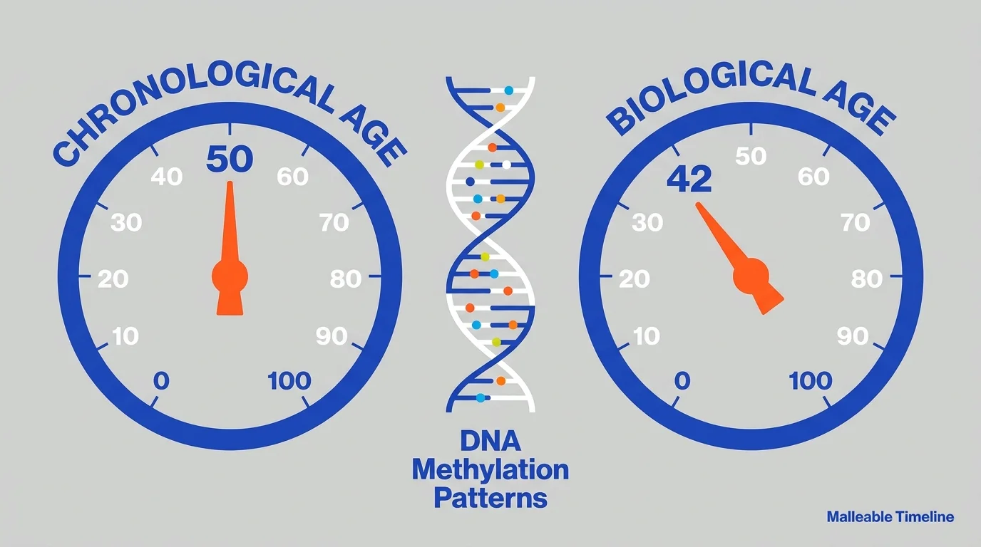 A comparison infographic showing a chronological age of 50 versus a biological age of 42 on two separate dials.