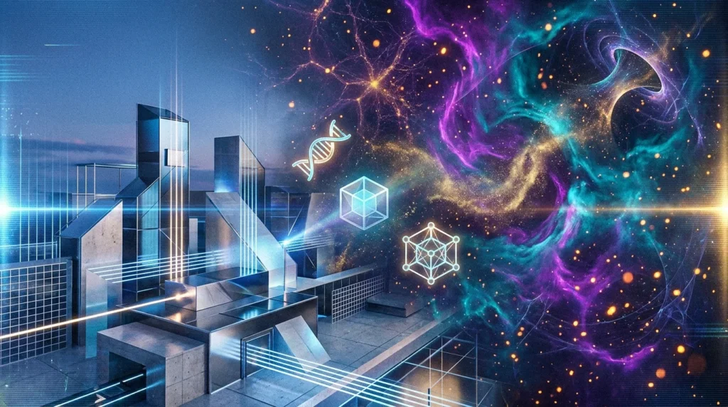 A conceptual abstract art piece showing a modern science lab dissolving into a vibrant, neon-colored nebula and geometric shapes.