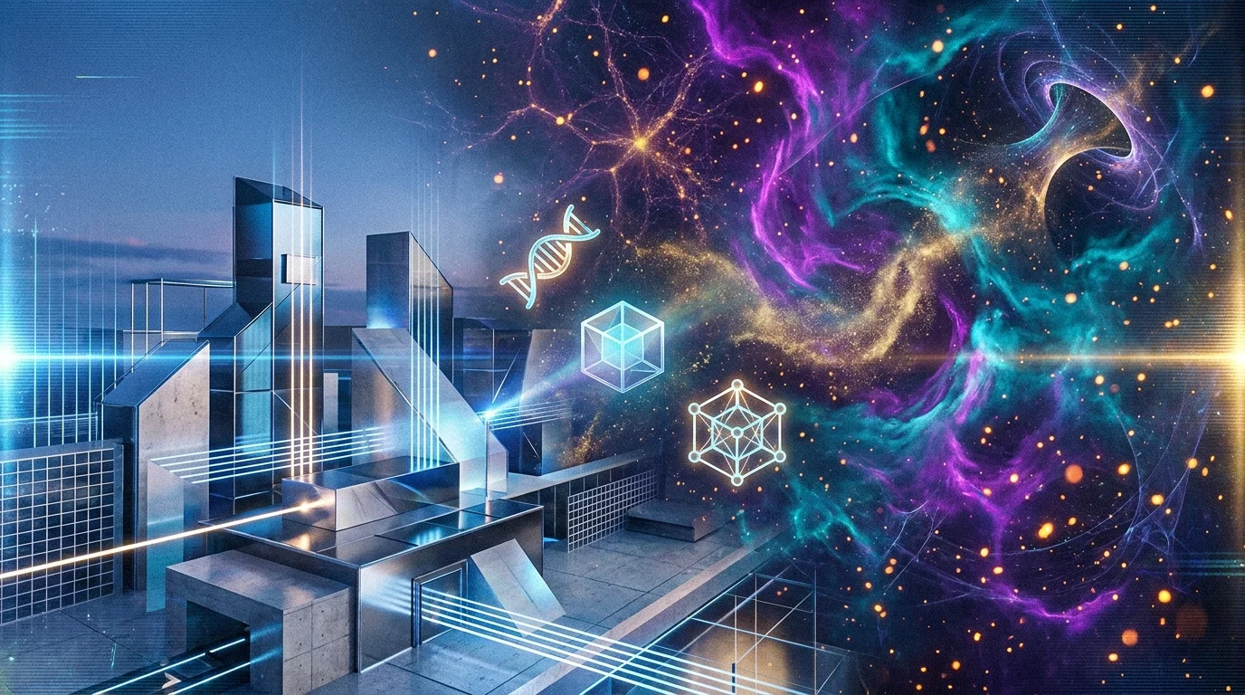 A conceptual abstract art piece showing a modern science lab dissolving into a vibrant, neon-colored nebula and geometric shapes.