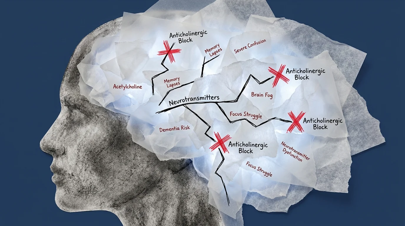A conceptual illustration of a head filled with white fog and red marks blocking neurotransmitter pathways.