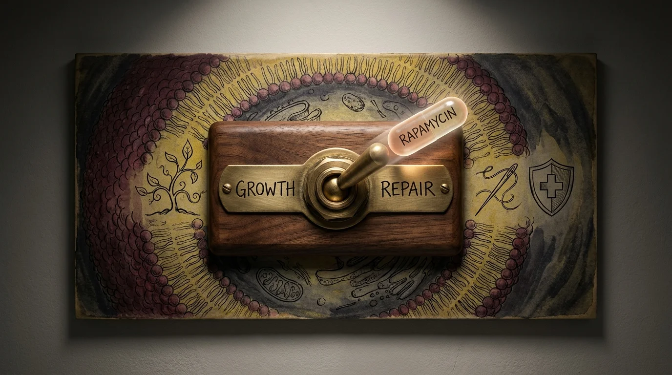 A conceptual illustration of a toggle switch labeled 'Growth' and 'Repair', with the drug Rapamycin switching it to the Repair mode.