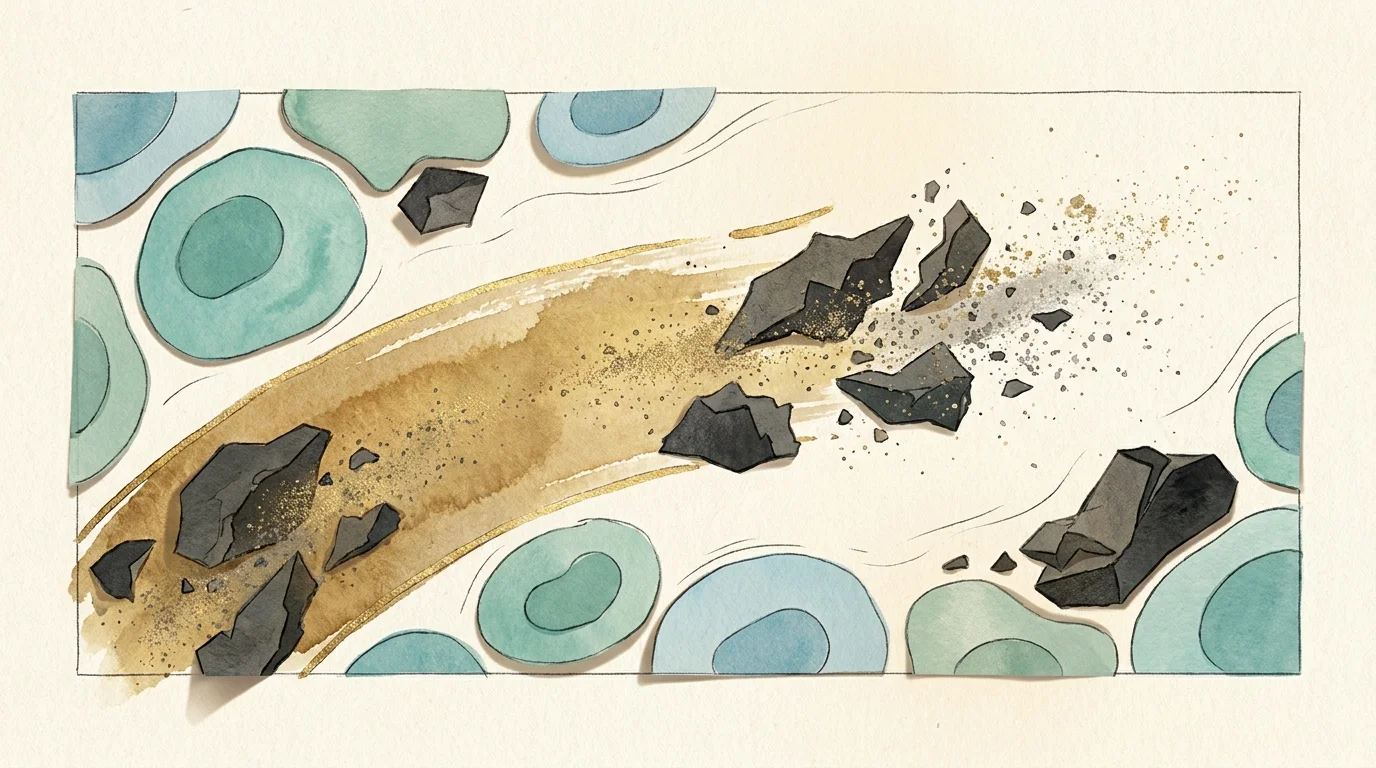 A conceptual mixed-media illustration showing golden fluid clearing away dark, jagged 'zombie cells' from a field of healthy blue cells.