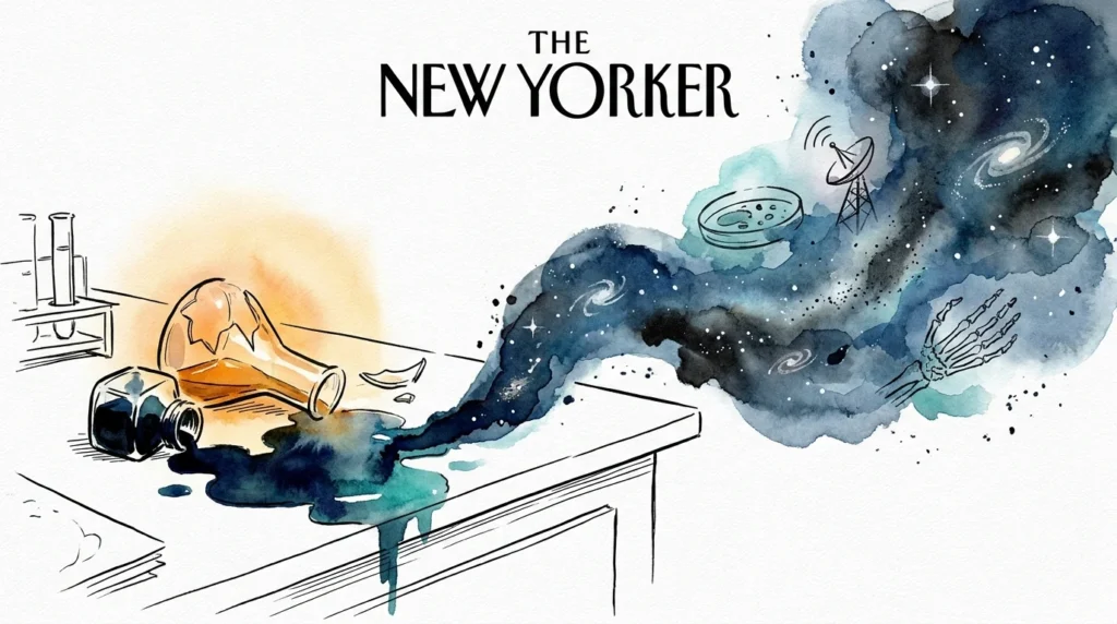 A conceptual watercolor illustration of a lab desk transforming into a galaxy, symbolizing scientific breakthroughs born from accidents.